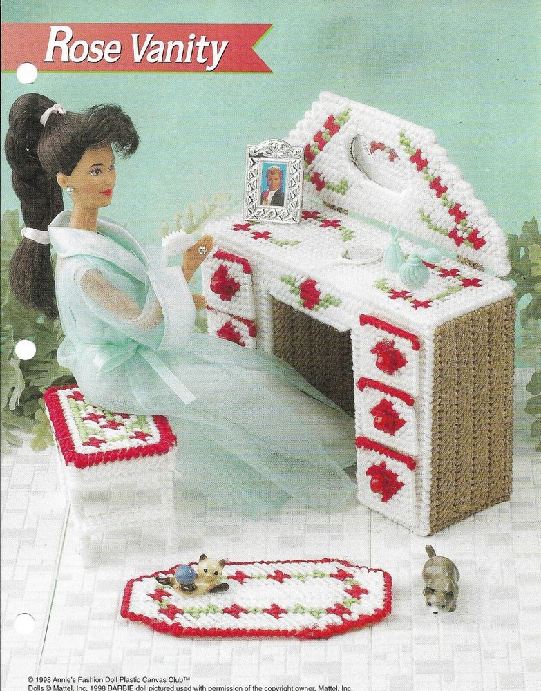 ROSE VANITY DRESSER & STOOL FASHION DOLL PLASTIC CANVAS PATTERN INSTRUCTIONS