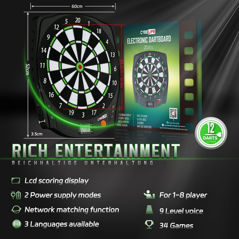 Cyeelife Electronic Scoring Dartboard with 12pcs Soft Darts Set+Hanging Bracket