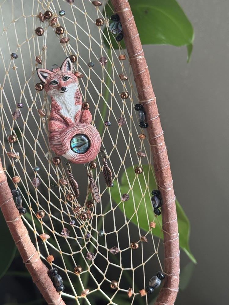 Handmade Fox Dreamcatcher Wall Hanging Abalone Copper Beads Boho Decor