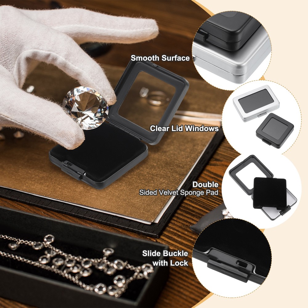 2.2x2.2x0.6 Inch Gemstone Display Box, Diamond Storage Boxes, Silver Tone/Black