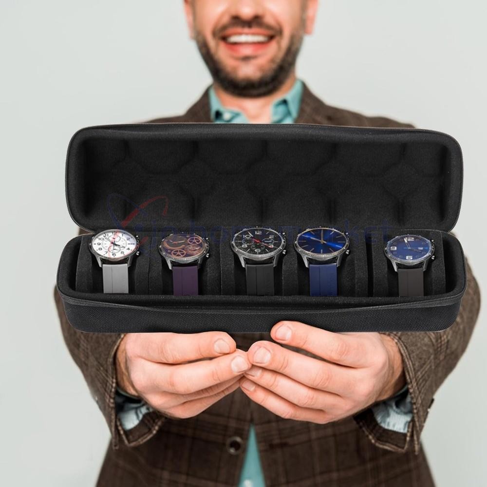 5-Compartment Portable Watch box - With Handle, Flip-Top Lid, and Soft Lining