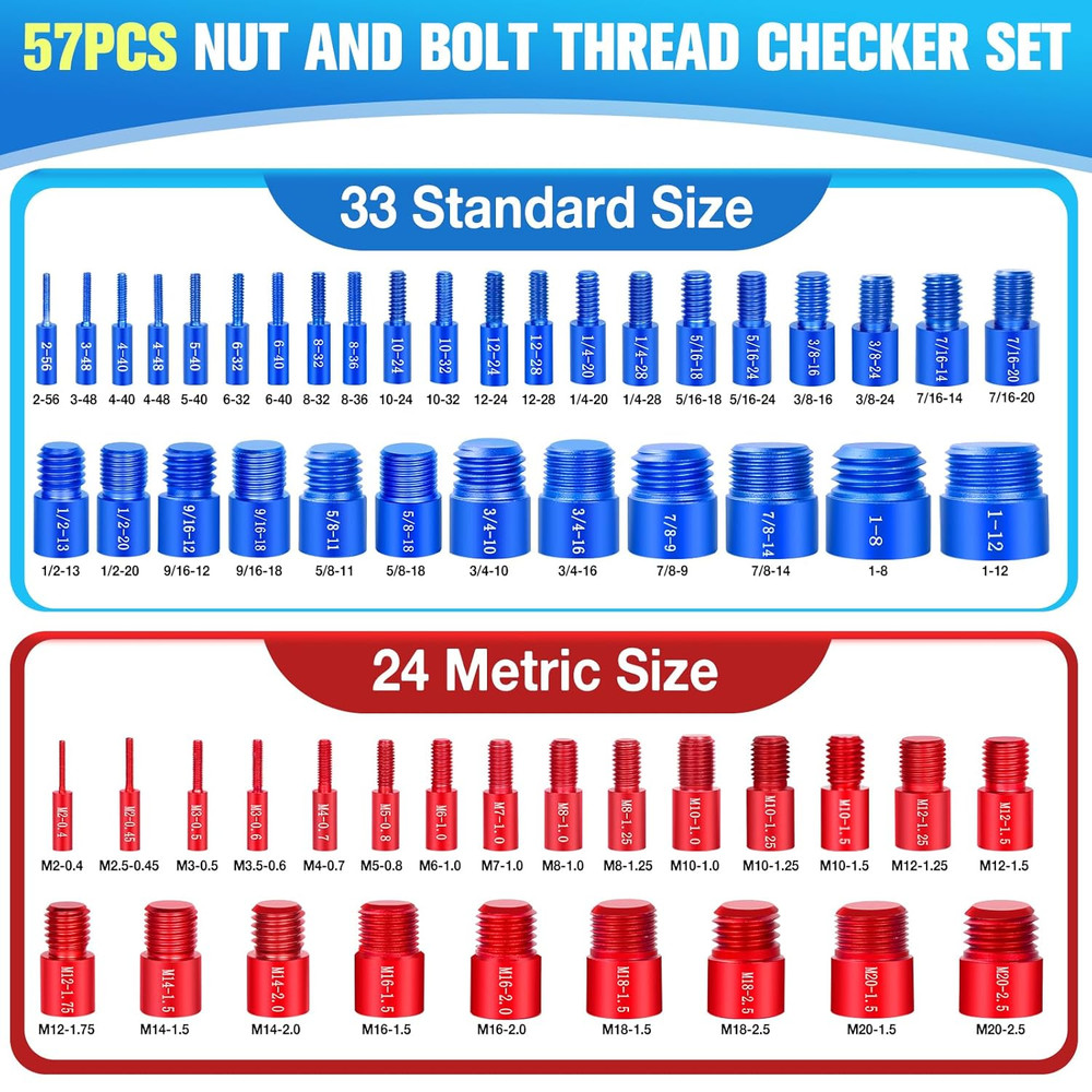 57Pcs Thread Checker, Nut and Bolt Thread Checker 33 Standard and 24 Metric Set,