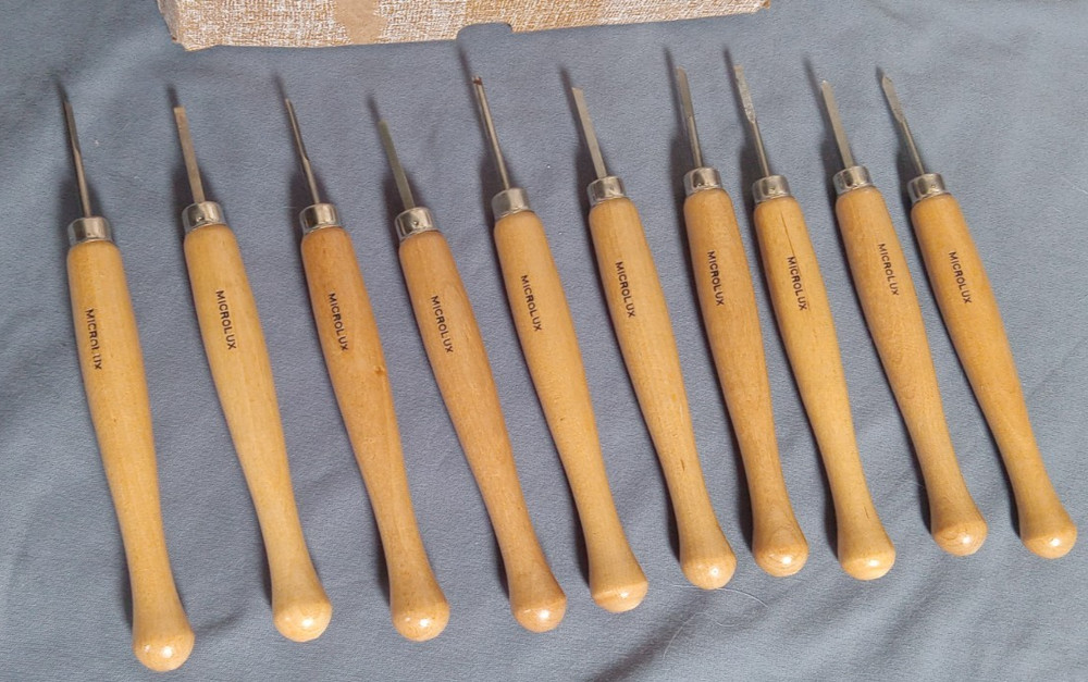 Vintage Microlux Ten Piece Wood  Carving  Tool Chisel Set