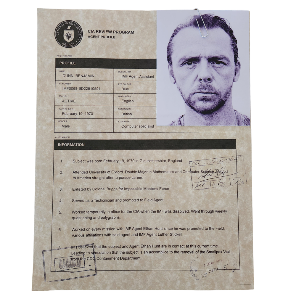 Mission Impossible Agent Profile documents for prop or display, Wall Art