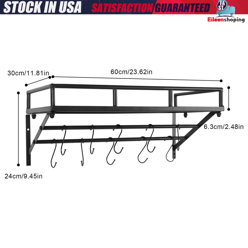 Kitchen Wall Mounted Storage Shelf Cookware Pan Pot Organizer Rack with 10 Hooks