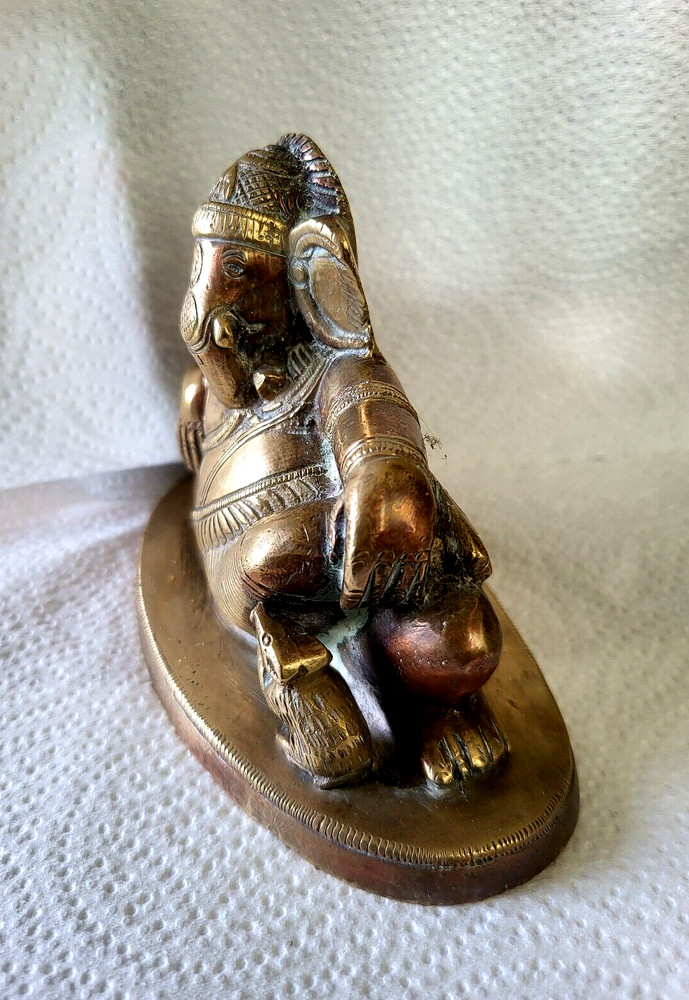 Old Solid Brass Reclining Hindu God Lord Ganesha Ganesh with Mooshika Mouse