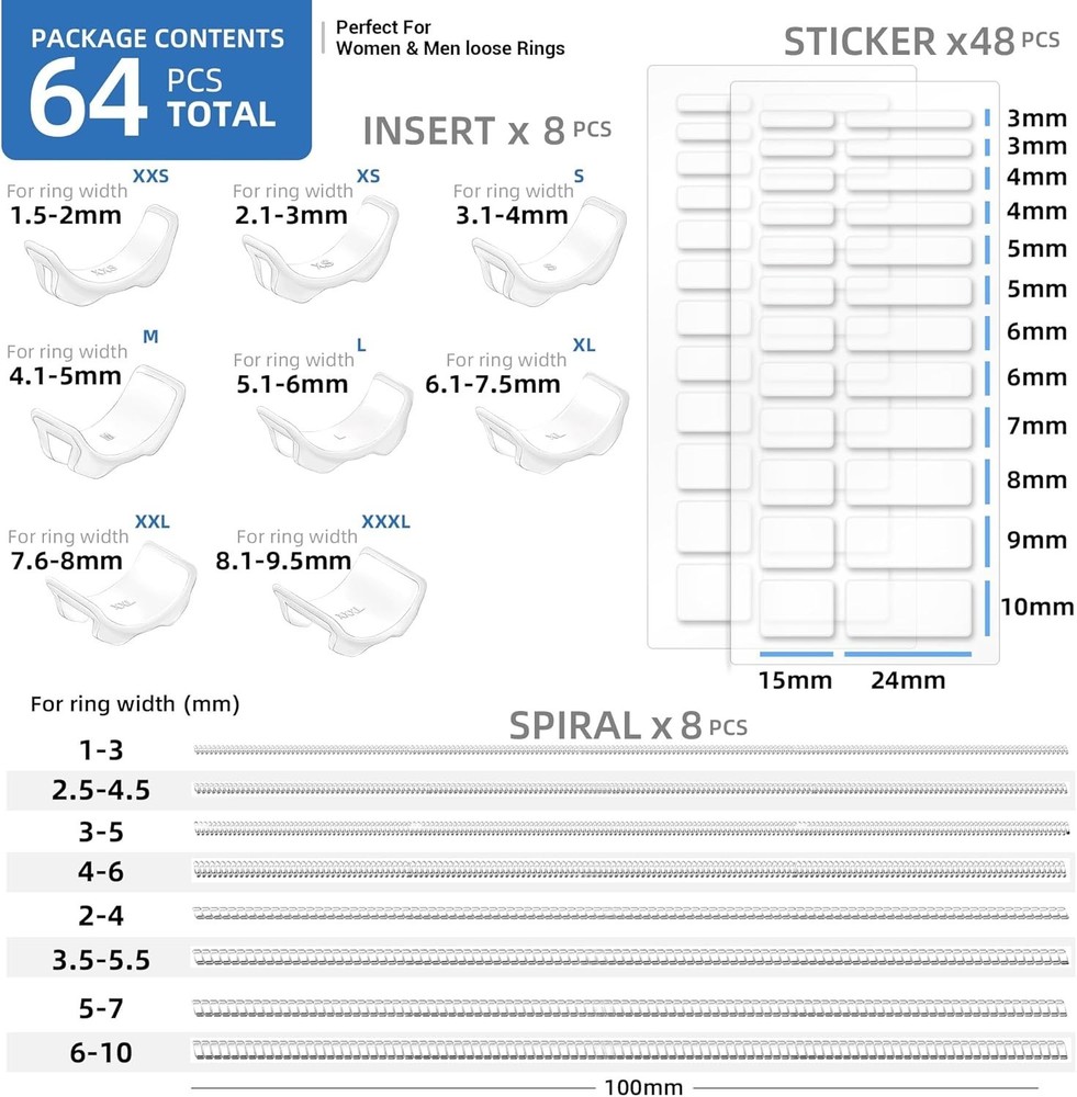 Ring Size Adjuster 64-Piece Set – Spiral Coils, Guards & Sizing Strips