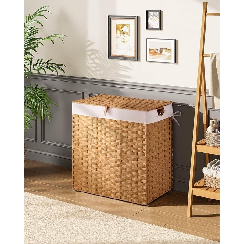 Handwoven Laundry Hamper Waterproof Removable Liner Divided Design Large Storage