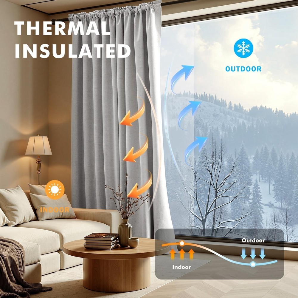 100% Blackout Linen Curtains Greyish White Solid Decor Thermal Insulation