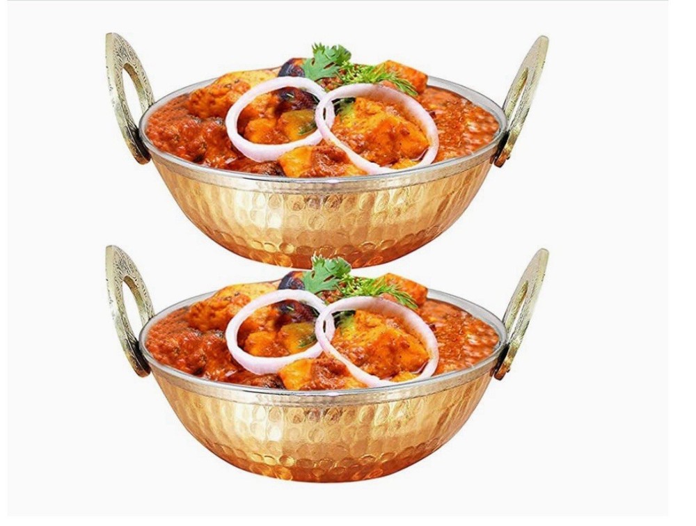® Set of 4, Indian Copper Serveware Karahi Vegetable Dinner Bowl with Solid B...