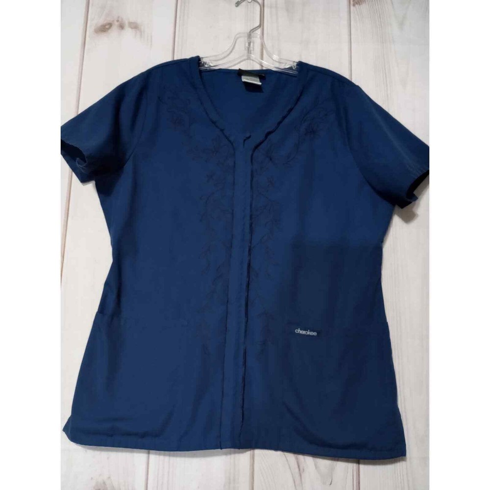 Cherokee Scrub Top Ladies Medium Navy Embroidery