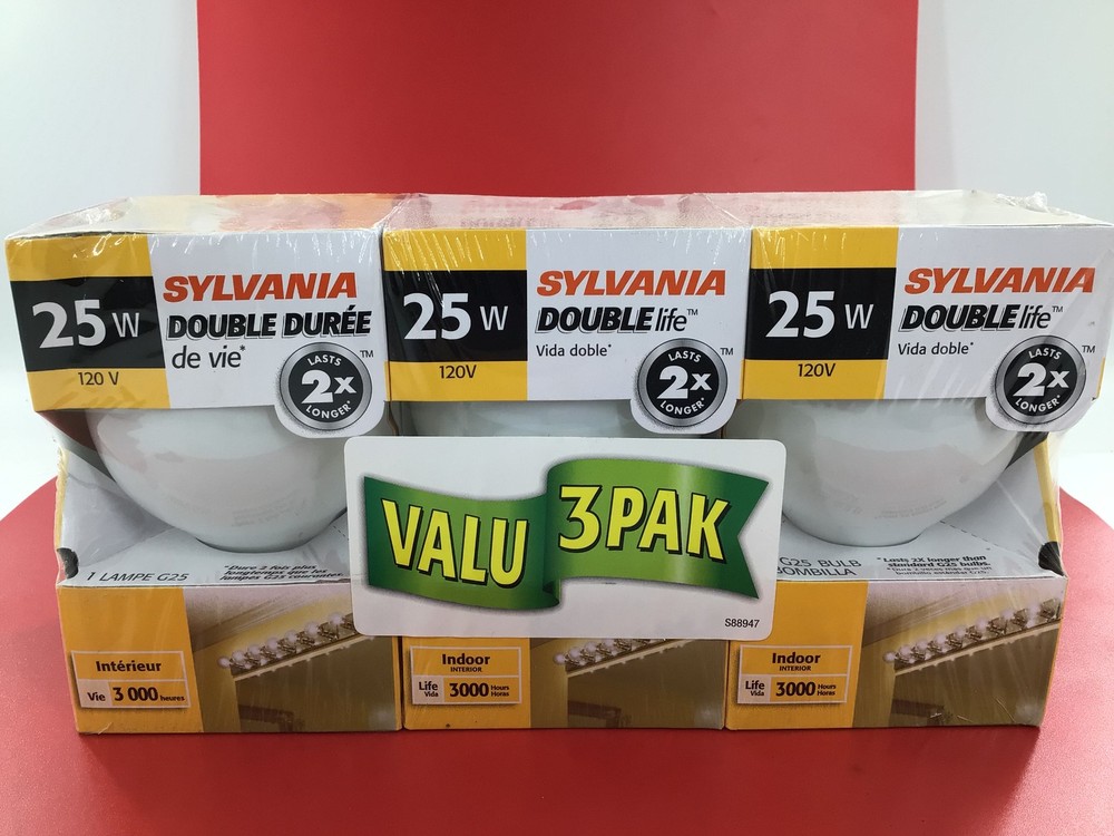 Sylvania 40W G25 Double Life Soft White Globe Light Bulbs - 3 Pack - 3000 Hr