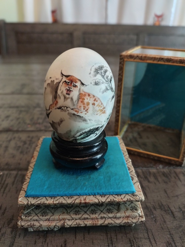 Vintage Easter Asian Chinese Handpainted Real Egg Cheetah In Shadow Box