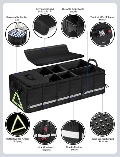 100L Car Trunk Organizer with Foldable Lid & Removable Cooler Bag, MOLLE Panel