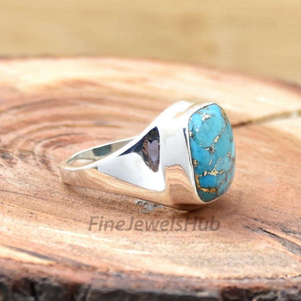 Copper Turquoise Ring, 925 Sterling Silver Ring, Handmade Men's Ring Boho Ring