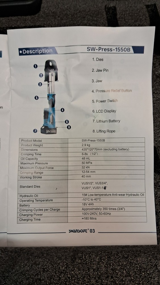 Swansoft Hydraulic Press Tool SW-PRESS-1550B