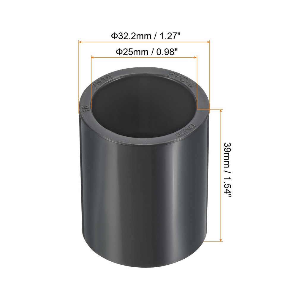 UPVC Pipe Fitting 25mm 0.98" Socket, 2pcs Straight Joint, Dark Grey