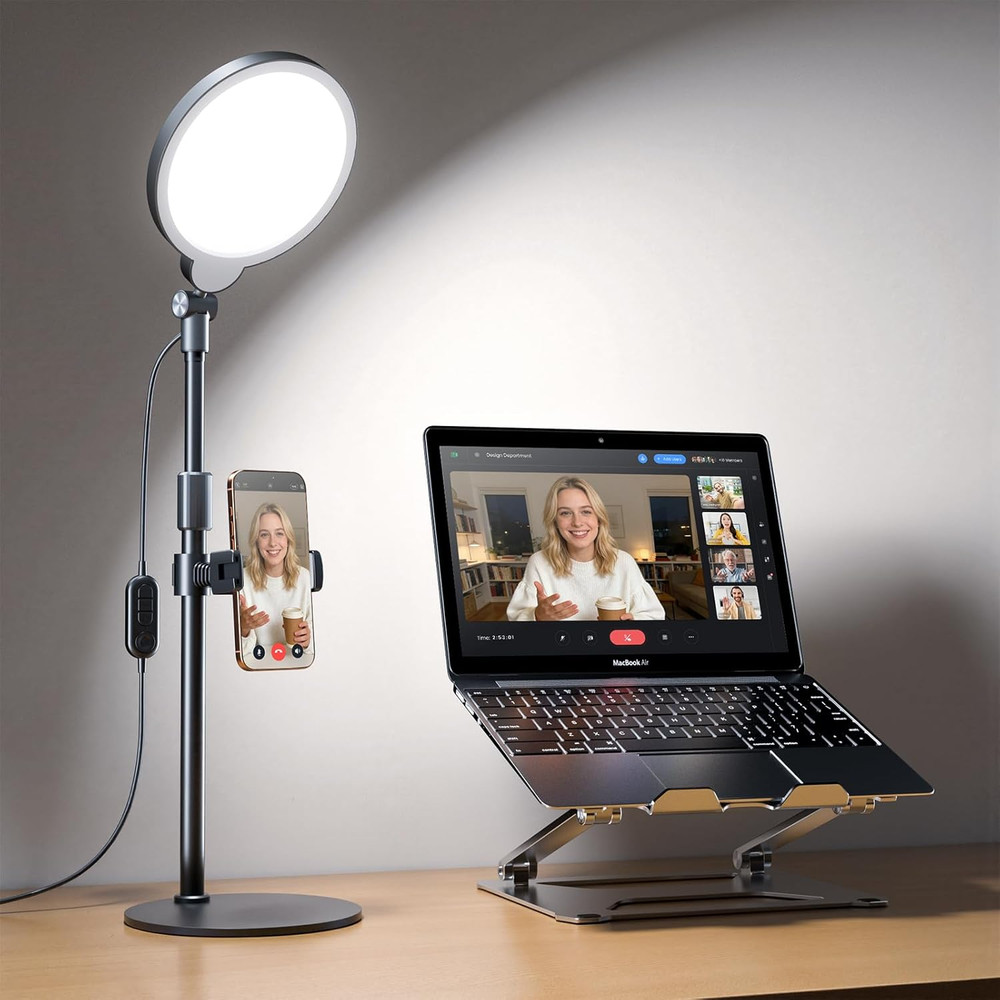 Dimmable Ring Light with Stand for Desk, Adjustable Desk Light for Video Recordi