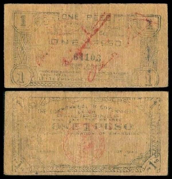 Philippine 1 PESO, LEYTE Countersigned WW2 Emergency Note 1943