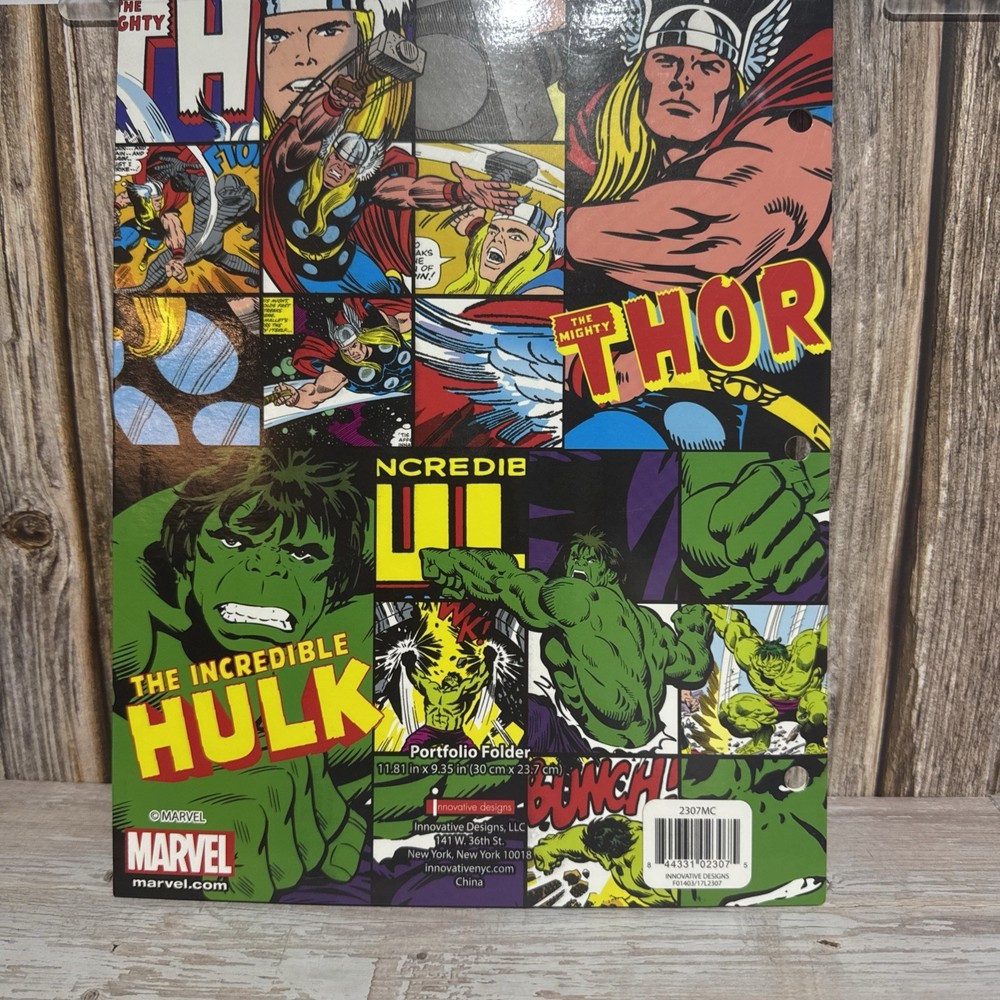 School Folder Marvel Comics Portfolio 3 Hole Punch 2 Pocket Hulk Thor Iron Man