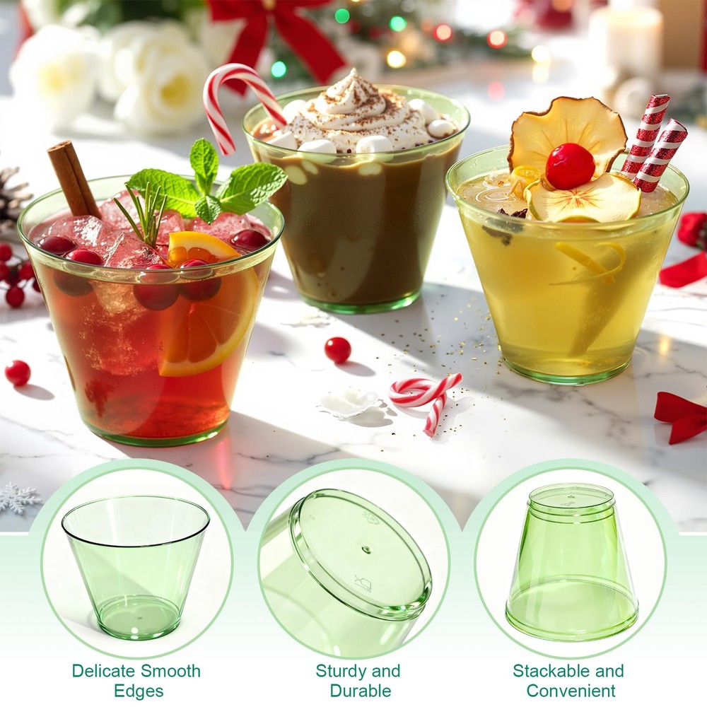 9 oz Clear Plastic Cups Green Plastic Disposable Cups for Cocktail 50 Pack Fa...