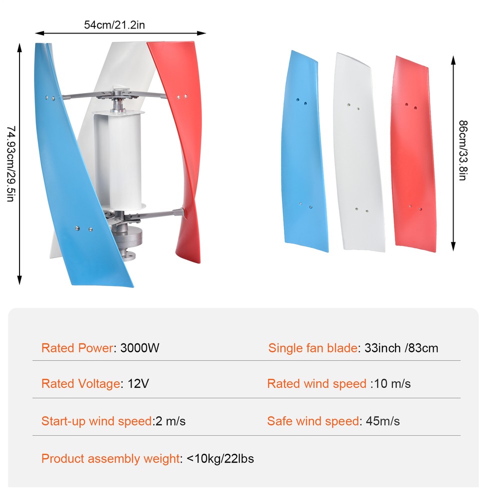 3000W Vertical Axis Wind Turbine Generator 12V Controller Home Windmill Quiet