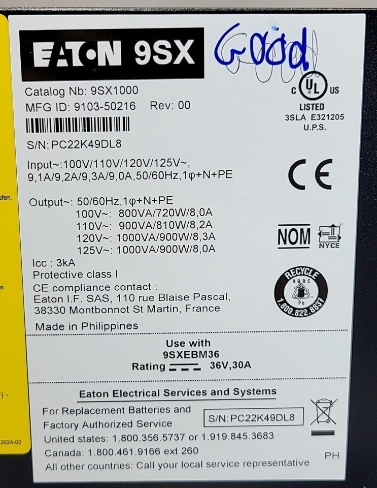 EATON 9SX1000 UPS 6 Outlet 1000VA SEE NOTES