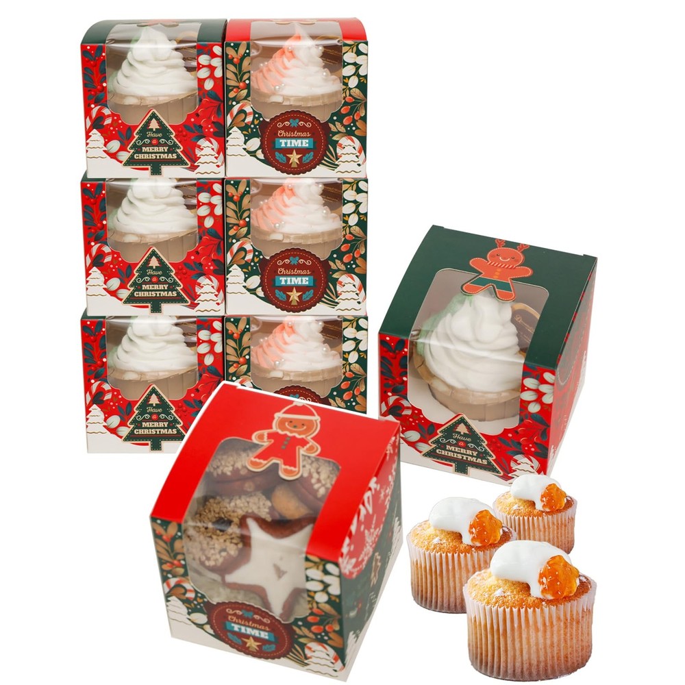 Christmas Cupcake Boxes 60 PCS Auto-Popup Single Container Window 3.5 Inch