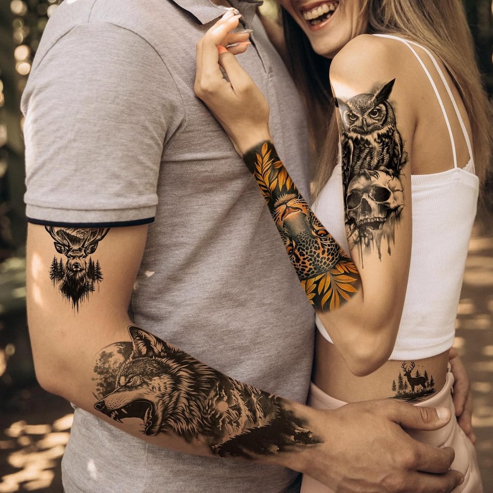 77 Sheets Temporary Tattoos, 17 Sheets Half Arm Wolf Lion Tiger Bear Leopard Eag
