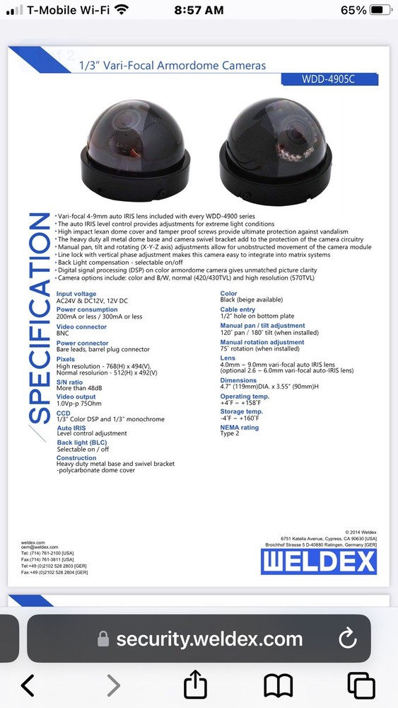 WELDEX WDD-4905C Color Hi Res Armor Dome Camera