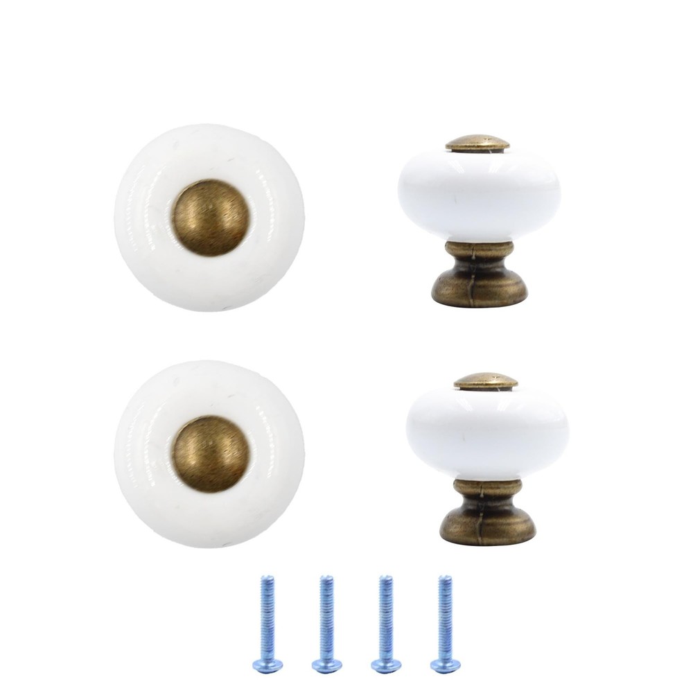 1” Ceramic Round Knobs, Antique Brass and Ceramic Cabinet Knobs, White Fur