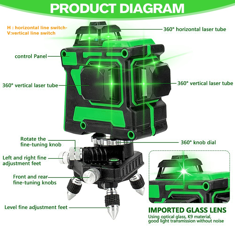 12 Line Laser Self Leveling Level Set, High Precision,2 * Rechargeable Battery