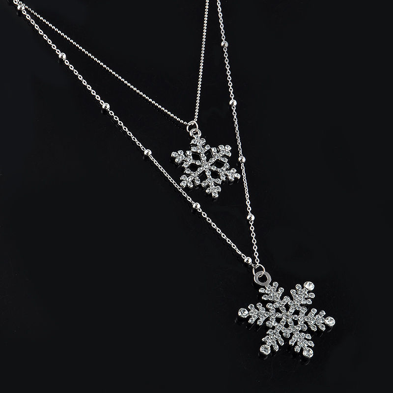 Boxed Silvertone Double Strand Clear Crystal Snowflake Necklace
