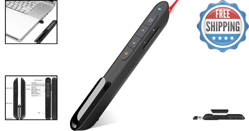 Compact PowerPoint Remote with Hyperlink Function & Long Wireless Range in Red