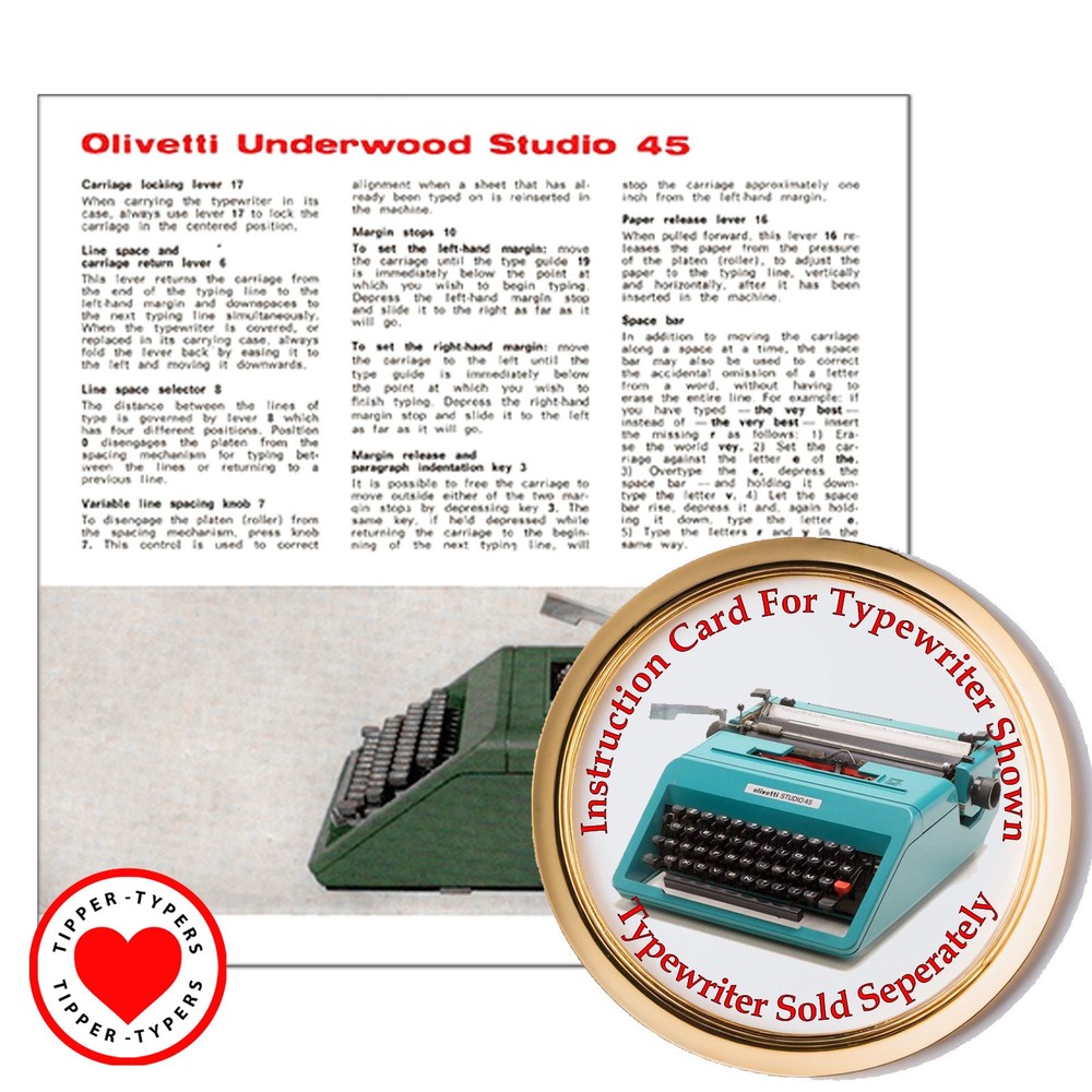 Olivetti Studio 45 Typewriter Instruction Card Owner's Guide User Directions
