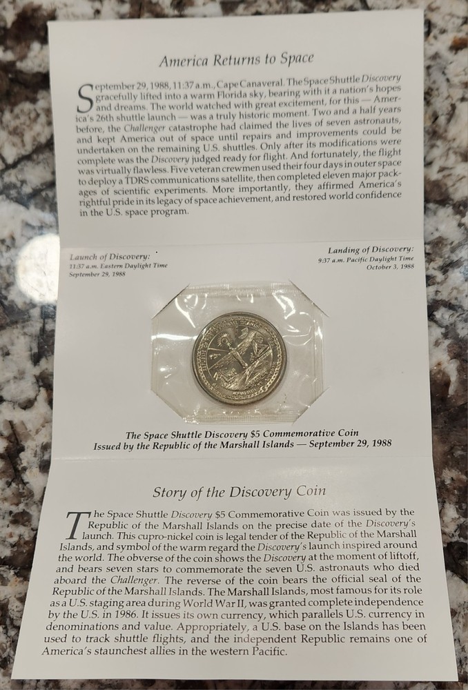 1988 Marshall Islands Space Shuttle Discovery $5 Dollar UNC Sealed Coin Explore!