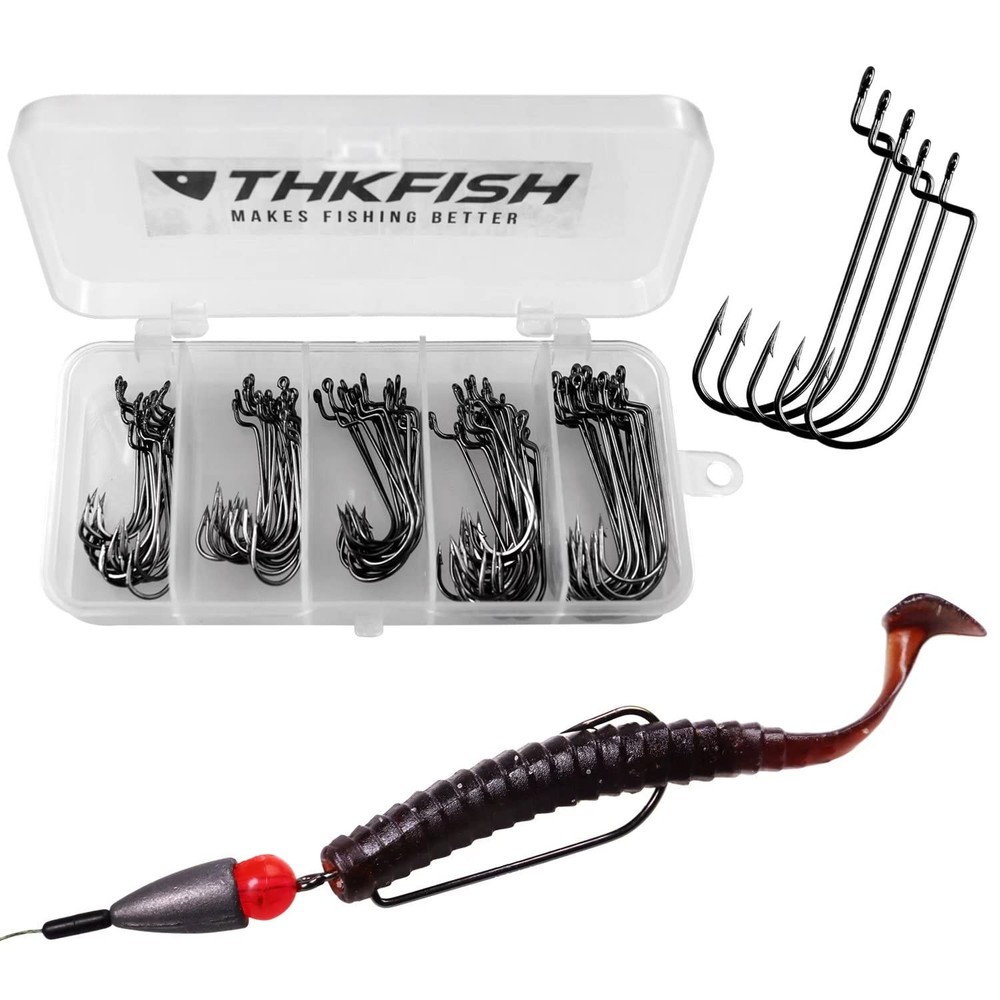 THKFISH 50pcs/100pcs/box Offset Worm Hook Fishing Hook Set Dropshot Hook Set ...