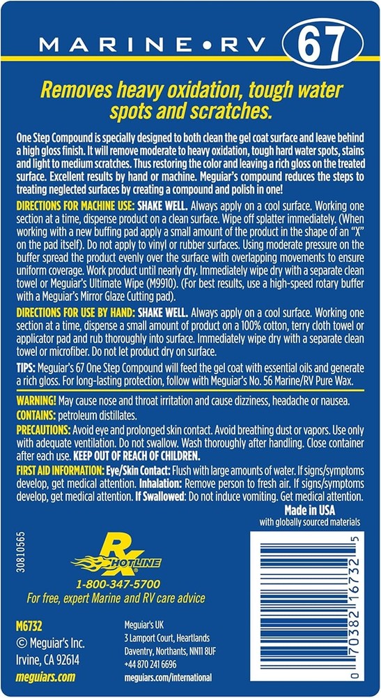 Meguiar's M6732 Marine/RV One Step Compound, Remove Oxidation, Stains,...