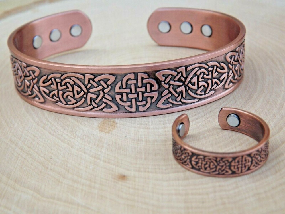 Solid Copper Magnetic Bracelet & Ring Set Arthritis Men Cuff Ring Celtic