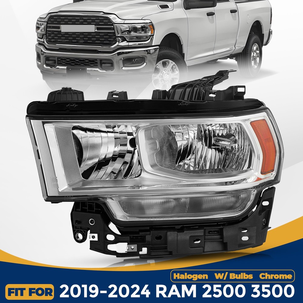 For 2019-2024 RAM 2500 3500 Halogen Chrome Headlight with Bulb Left Driver Side