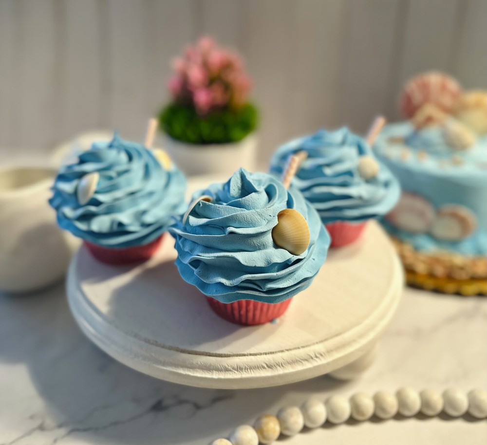 DEZICAKES Fake Cupcake Artificial Food Blue Seashell Shell Cupcake