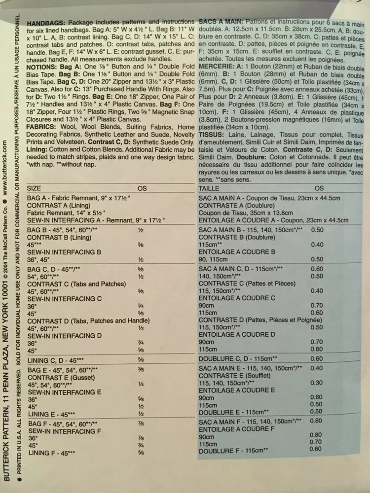Butterick B4409 Purses Bags Purse Sewing Pattern Rectangular handBags
