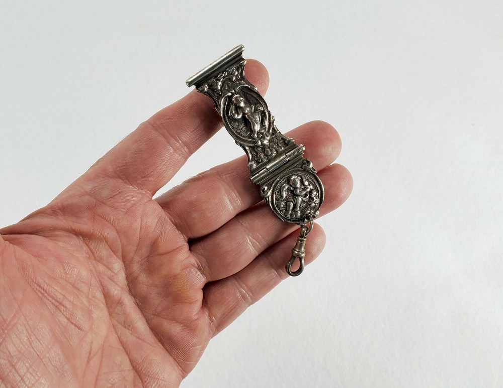 Antique Hinged Repousse' Silver Chatelaine with Putti Angel Decoration
