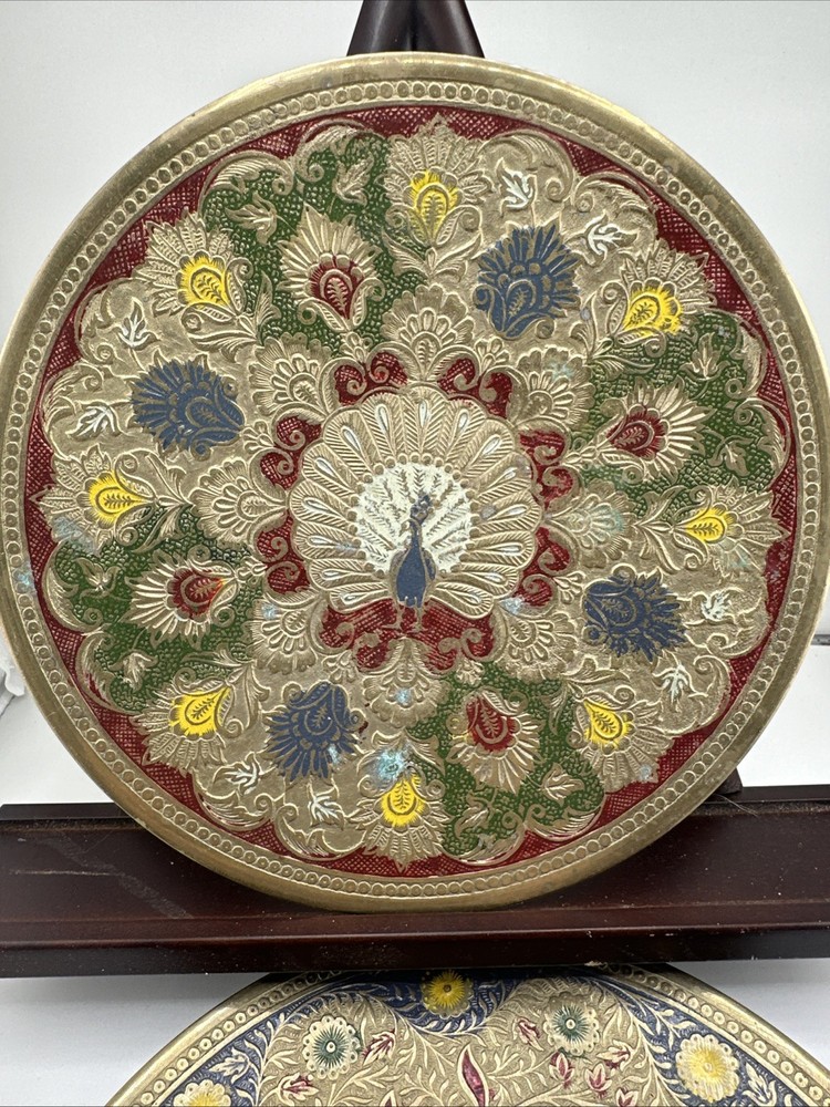 2 Solid Brass Decorative Plate Wall Hanging w/Peacock And Rose Design