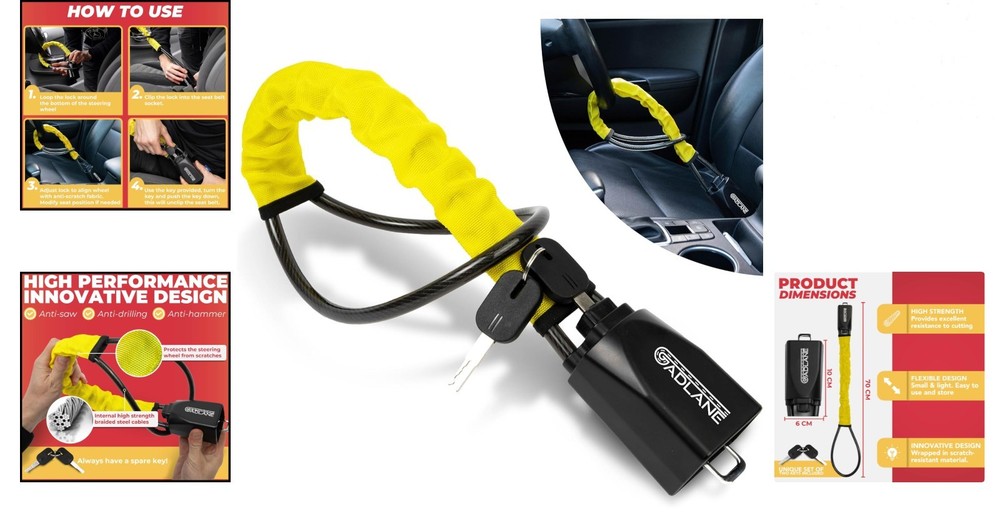 Double Lock Car Security System - High Visibility Steering Wheel & Seatbelt Lock