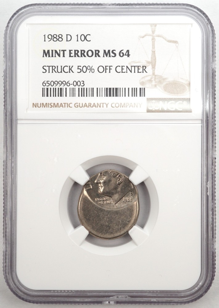 1988 D 10c Dime Struck 50% Off Center Mint Error NICE COIN NGC MS64