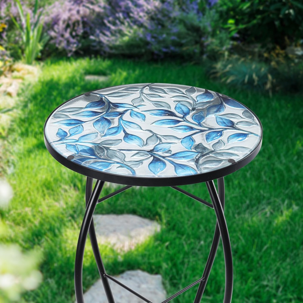Side Patio Tables-Mosaic Outdoor Side Table - 14’’ Blue and Transparency Leaf...