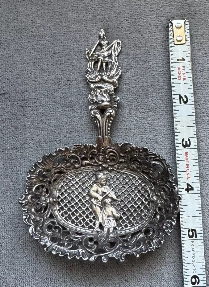 Antique Decorative TEA STRAINER 95% Sterling Silver Figural Hanau Marks
