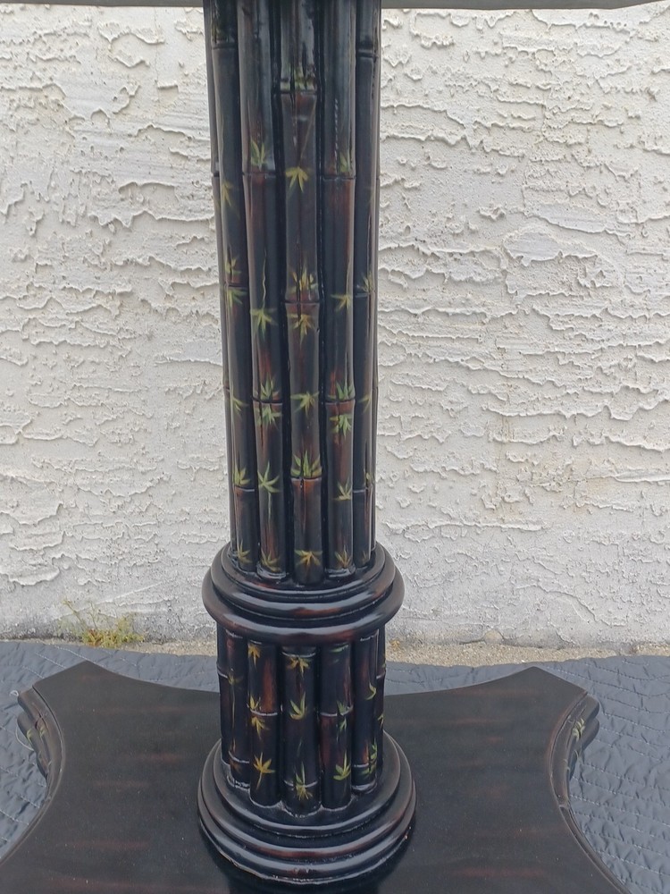 Maitland Smith Side Table Ebonized Faux Bamboo Leather Top Hand Painted Table