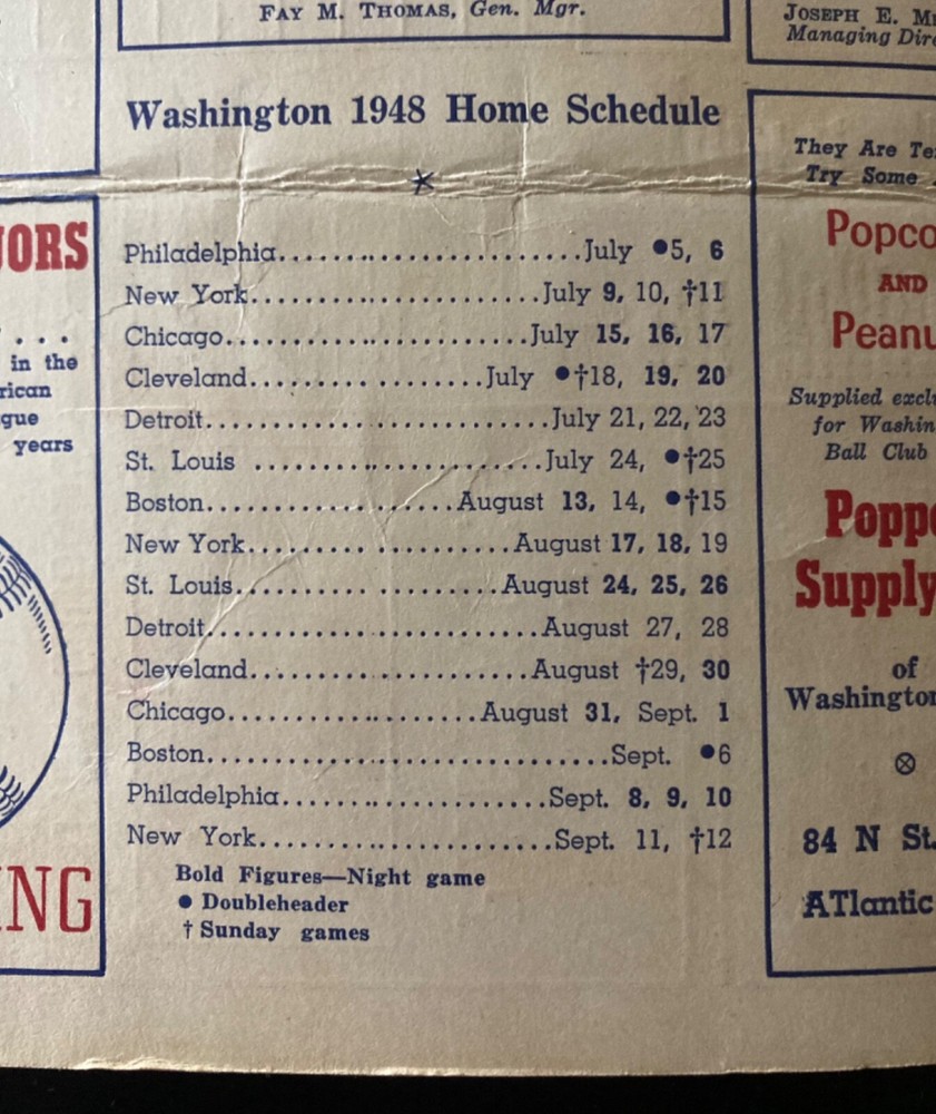 1948 Washington Senators Scorecard vs. Cleveland